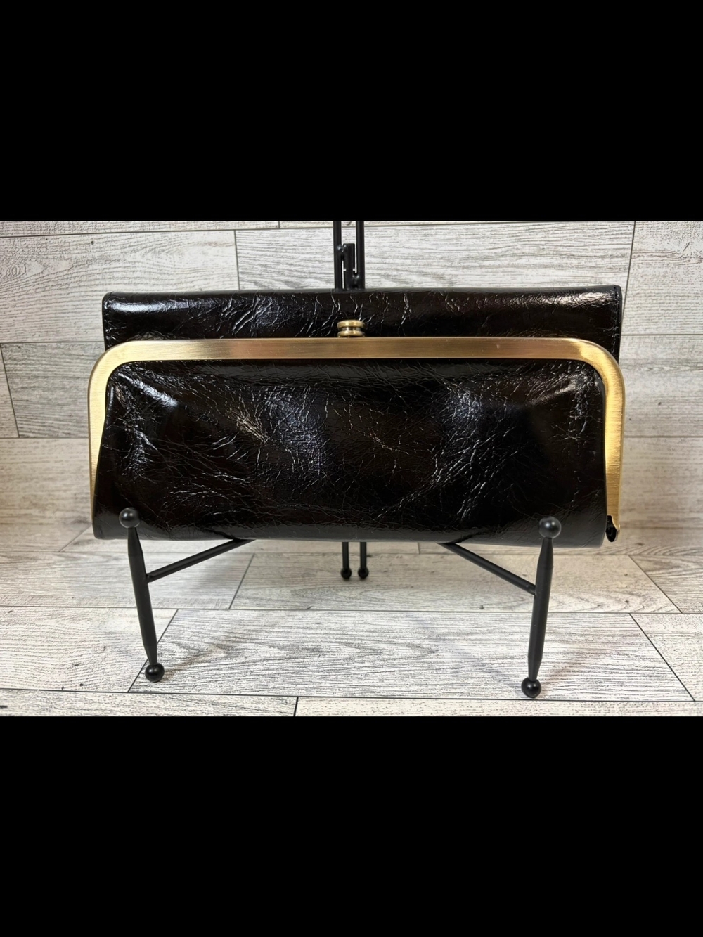 HOBO New Without Tag Black Patent Frame Clutch with Brass Trim